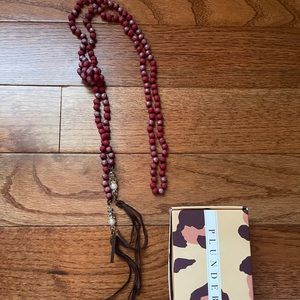 Plunder- Long Red beaded Necklace with Leather tassel.